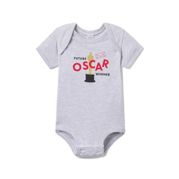 Gray baby onesie with 'Future Oscar Winner' text and graphic on a white background